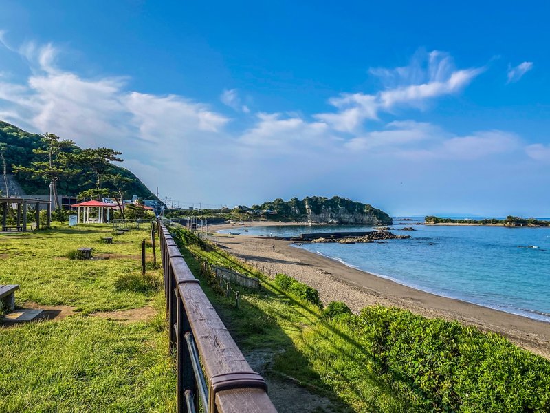 葉山町の葉山公園と大浜方向の海(作者: @ぶらいあんと、M)